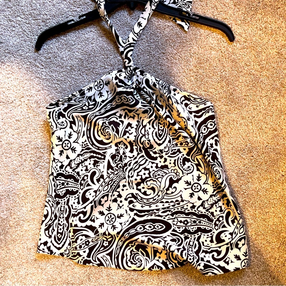 INC International concepts silk halter tie top fully lined black and white 4P